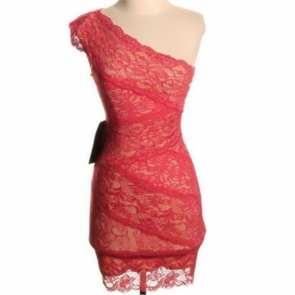 Bebe One Shoulder Lace Bandage Bodycon Dress S Bright Coral Pink NWT - Picture 14 of 14